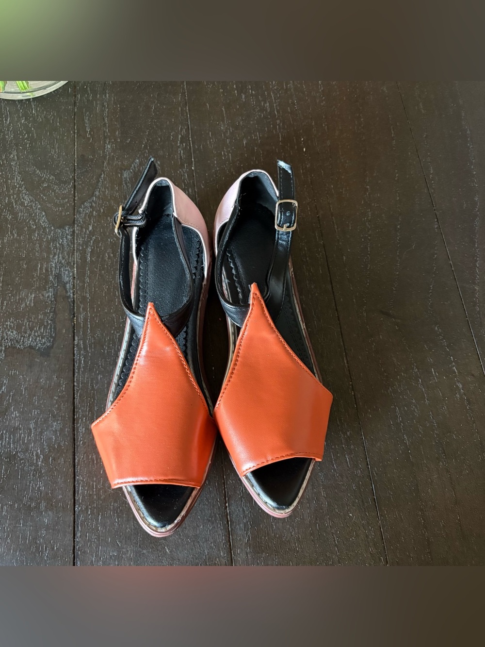 Women's Orange and Black Open Toe Slingback Sandals Colorblock Size 35